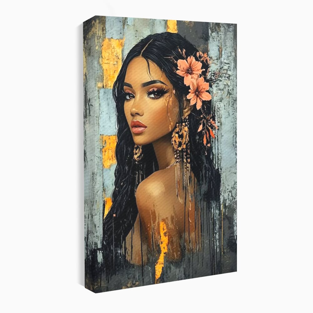 Tablou canvas cu tablou canvas cu femeie si flori in par, fara rama, pe sasiu de lemn